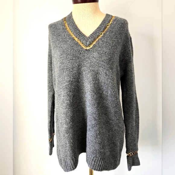 ZARA KNIT Grey Sweater with Gold Chain Detailed neck and cuffs. Relaxed Small. - Picture 1 of 9